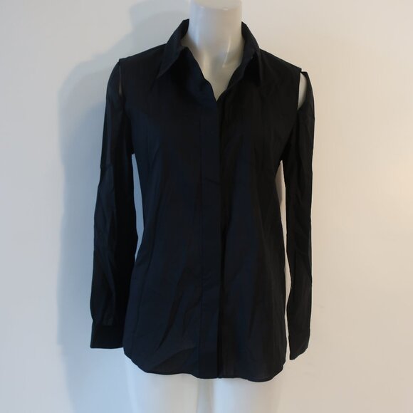 Womens Milly Black Button-Up Cold Shoulder Cut-Out Blouse Top 6 - Picture 5 of 10